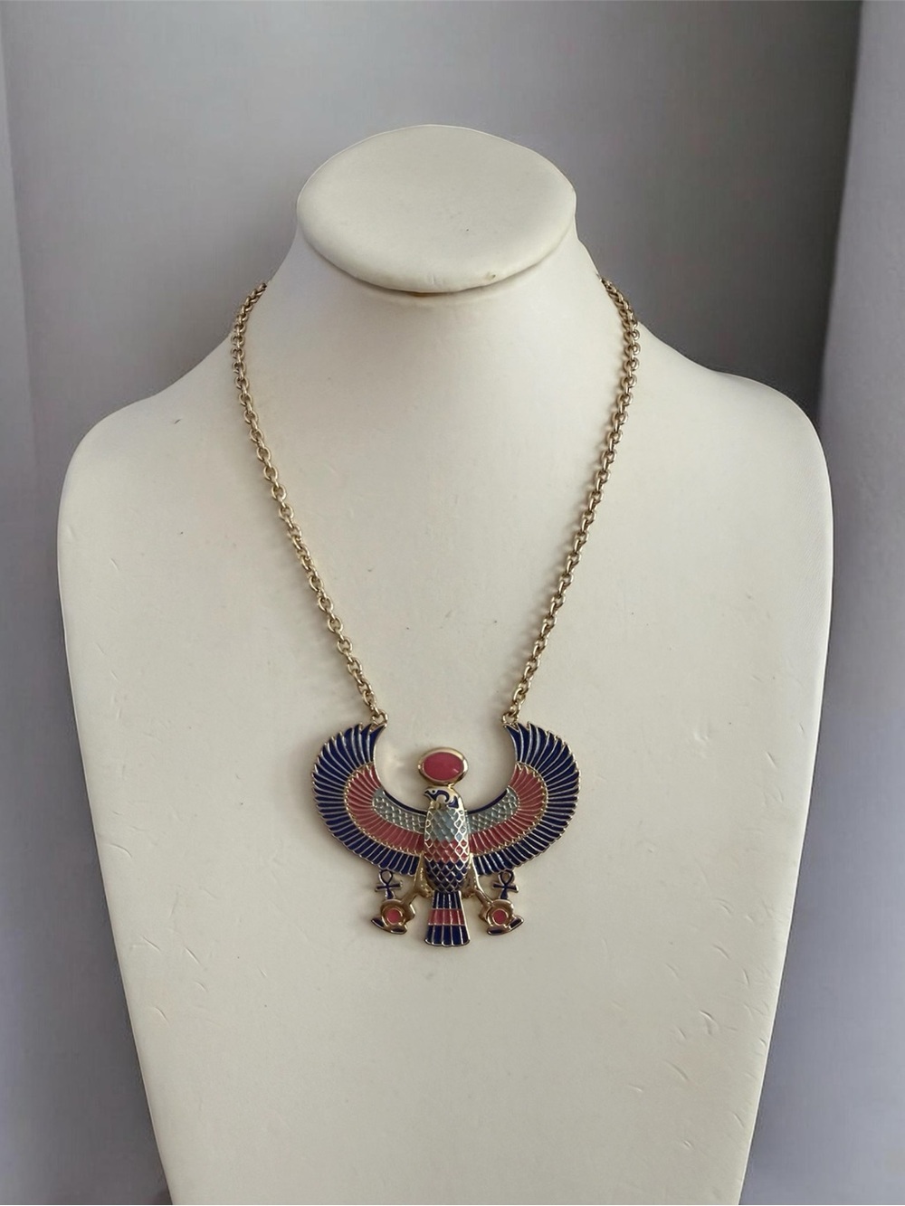 Egyptian Revival Horus Falcon red & blue enameled gold tone adjustable Necklace - Picture 4 of 7